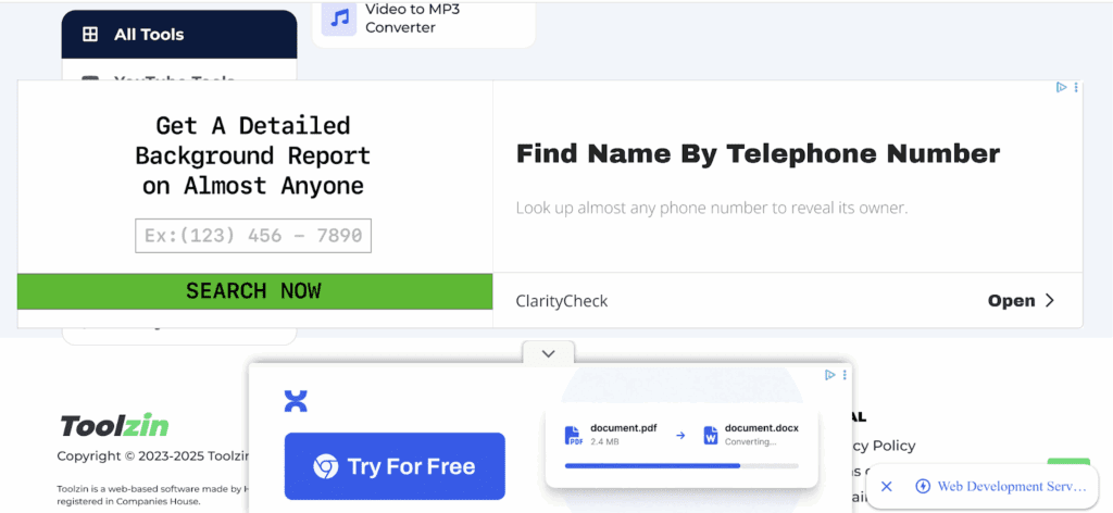 Screenshot of the Toolzin Instagram website on a computer, showing a cluttered layout with many ads