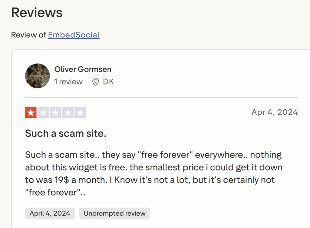 Screenshot of a negative customer review on Trustpilot 