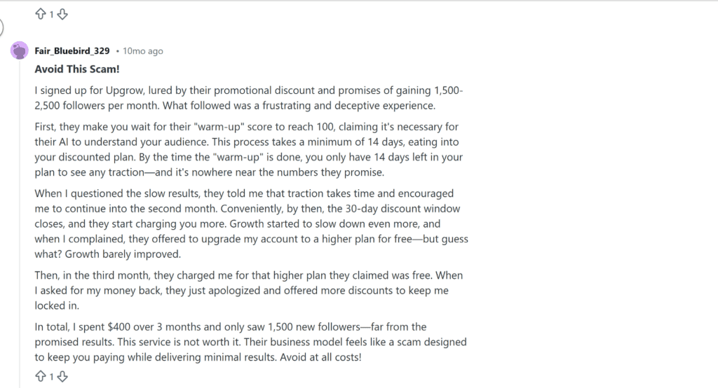 Screenshot from Reddit showing a bad user review of UpGrow