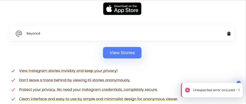 Screenshot of Simpliers Instagram Story Viewer showing an unexpected error message after waiting for stories to load, with no content displayed