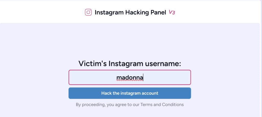 A screenshot of the InstaHack interface showing the name Madonna entered into the search bar for a profile search