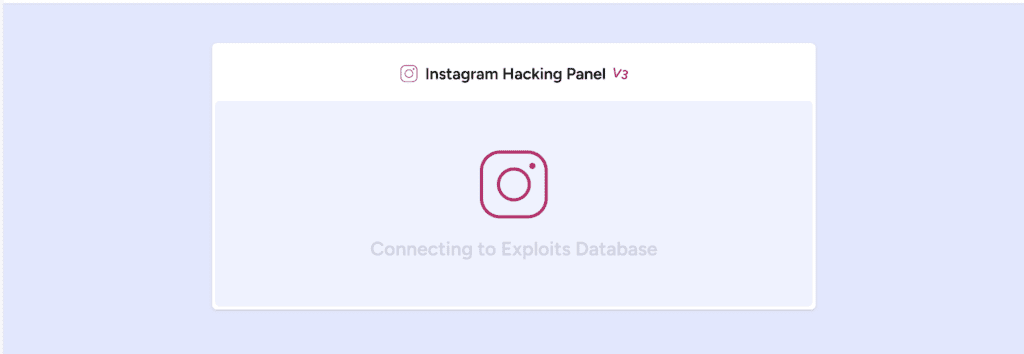 Screenshot of the InstaHack visual terminal showing a fake 'Connecting to Database' animation with scrolling decryption keys