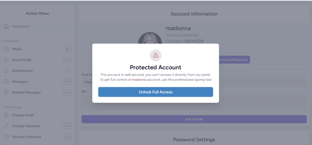 InstaHack interface showing a mandatory pop-up message asking users to 'Unlock full access' by clicking a button
