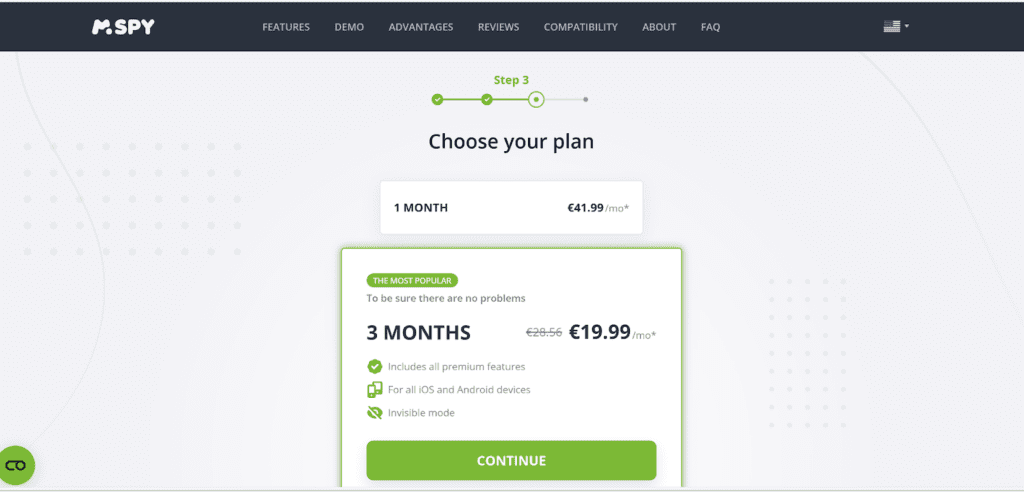 A screenshot of an mSpy landing page asking the user to pay for a subscription after being redirected from InstaHack