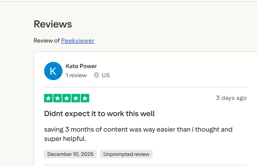Screenshot of a positive Trustpilot review for Peekviewer