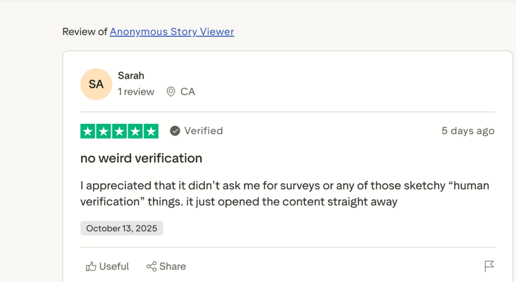 Screenshot of a positive Trustpilot review for Anonymous Story Viewer