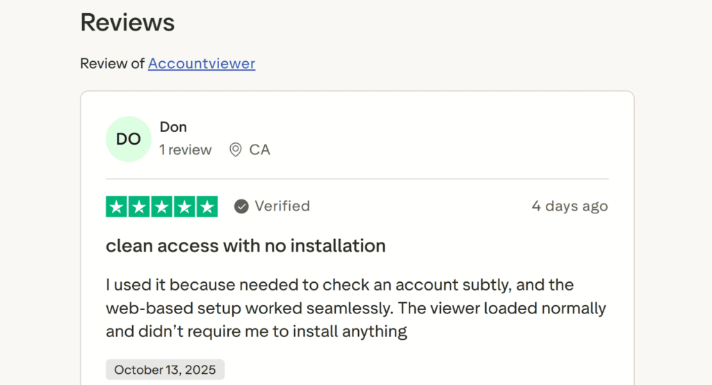 Screenshot of a positive Trustpilot review for Accountviewer