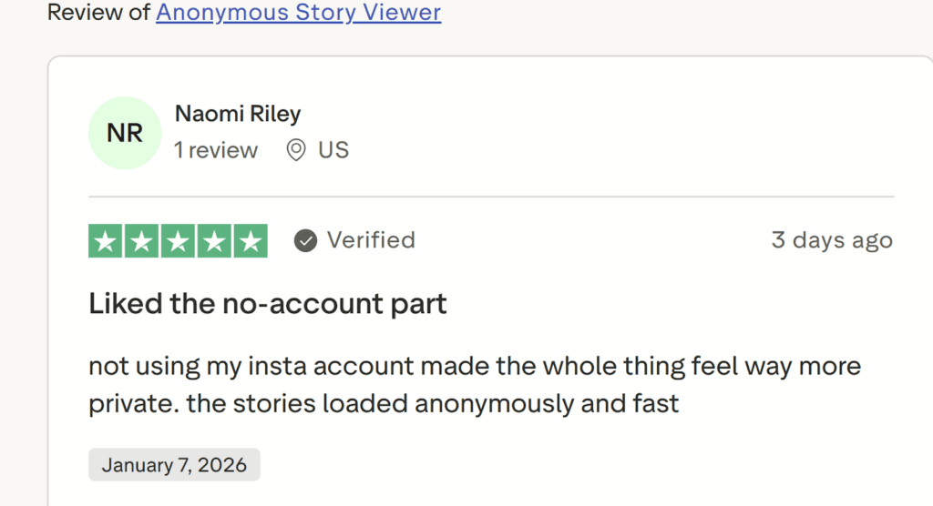 Screenshot of a positive Trustpilot review for Anonymous Story Viewer