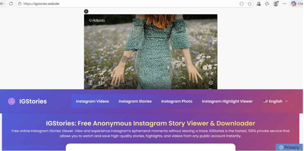 A screenshot of the IGstories website showing a cluttered interface with video ads.