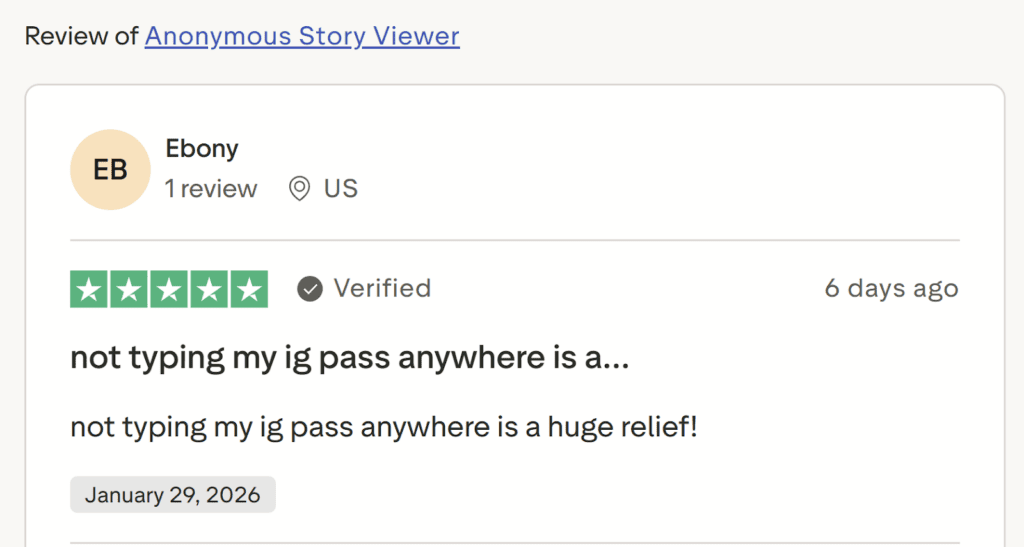 Screenshot of a positive Trustpilot review for Anonymous Story Viewer