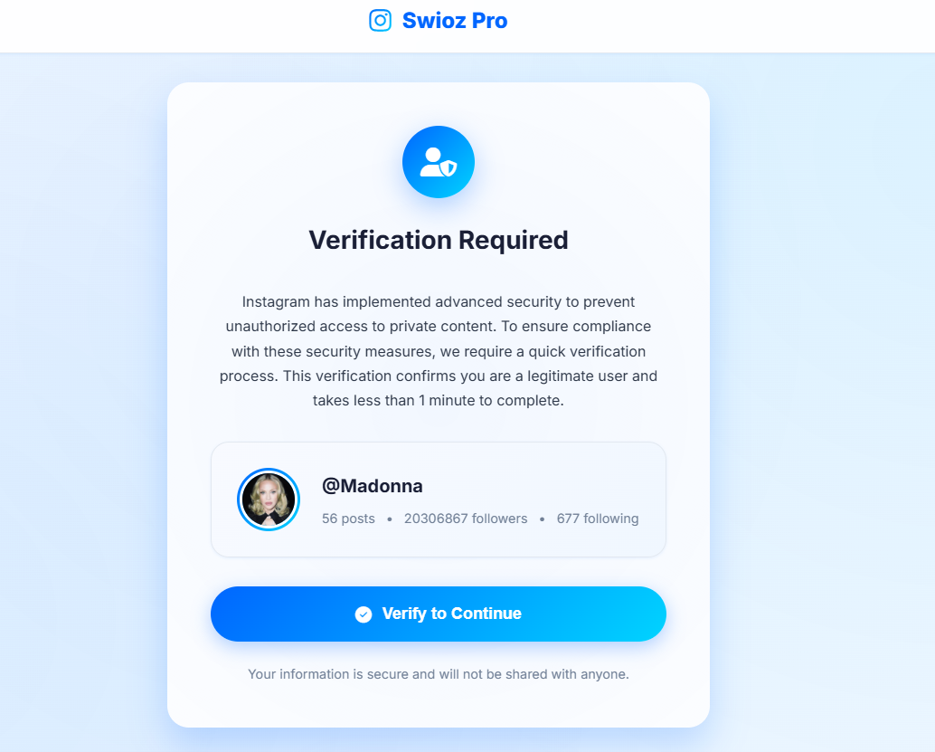 Swioz scam website — verification loop screenshot from testing