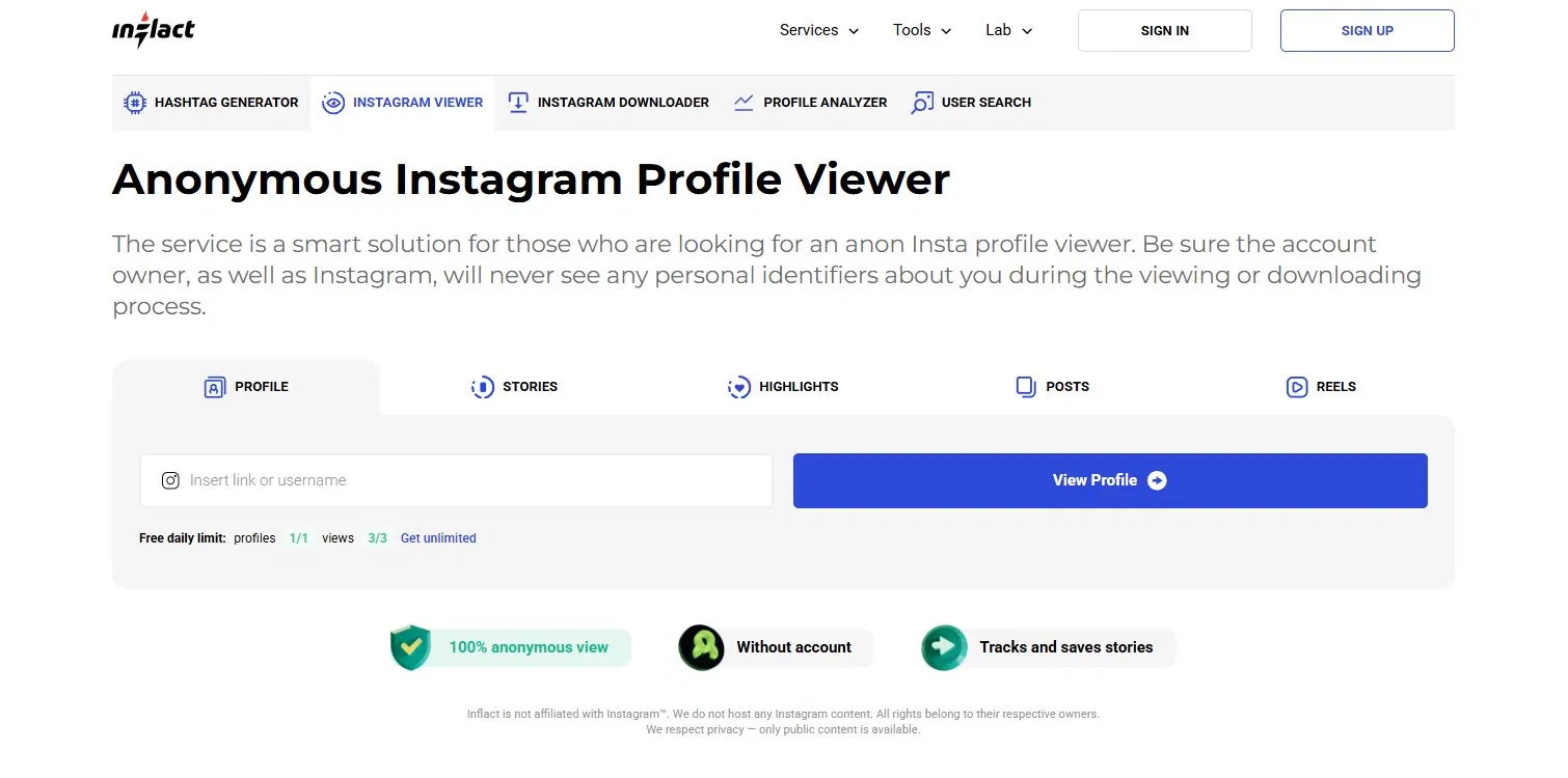 Inflact anonymous Instagram profile viewer homepage